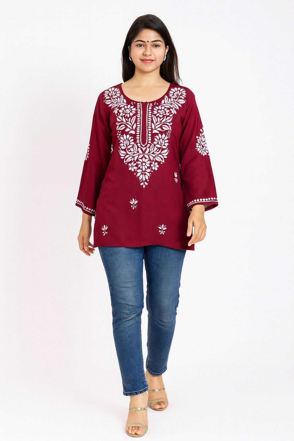 Lucknowi Chikankari Women's Maroon 'Surkh' Rayon Short Kurti
