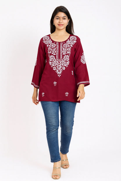 Lucknowi Chikankari Women's Maroon 'Surkh' Rayon Short Kurti