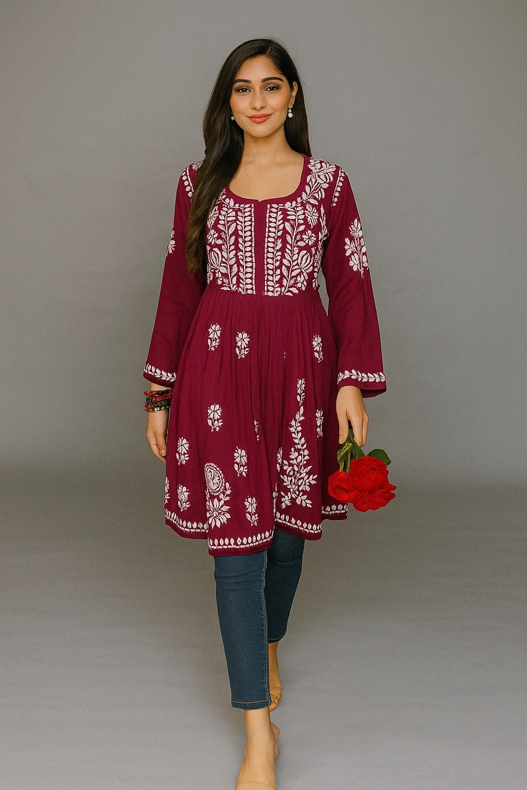 Lucknow Fashion Diary Hand Embroidered Lucknowi Chikankari Women's Maroon Modal Short Kurti 