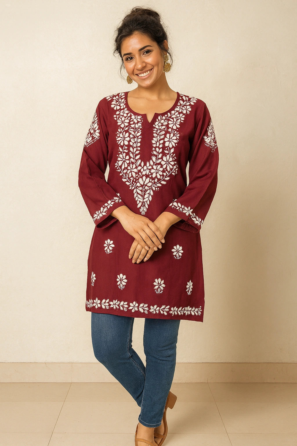 Lucknow Fashion Diary Hand Embroidered Lucknowi Chikankari Women's Maroon Modal Short Kurti 