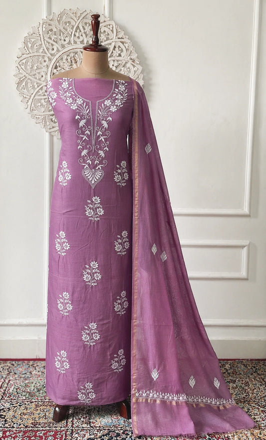 Lucknow Fashion Diary Hand Embroidered Lucknowi Chikankari Women's Unstitched Mauve Chanderi Kurta Dupatta Fabric 