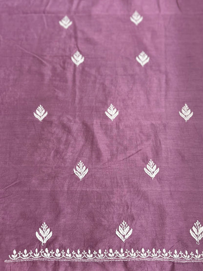 Lucknowi Chikankari Purple fabric with white floral patterns