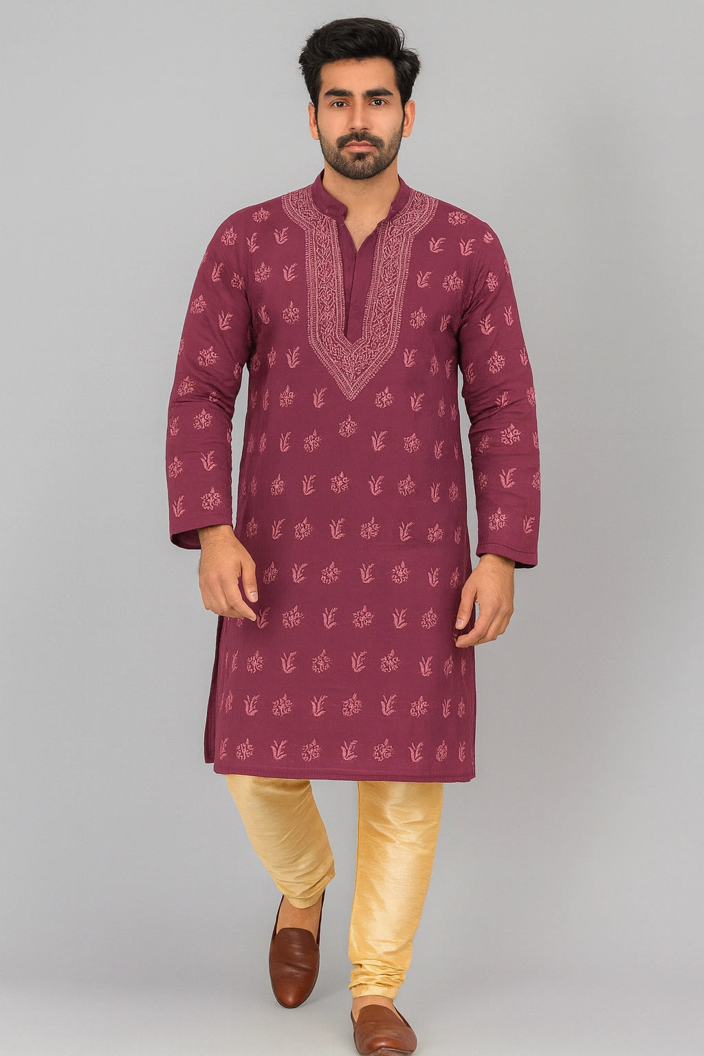 Lucknow Fashion Diary Hand Embroidered Lucknowi Chikankari Men's Mauve Cotton Kurta