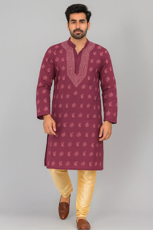 Lucknow Fashion Diary Hand Embroidered Lucknowi Chikankari Men's Mauve Cotton Kurta