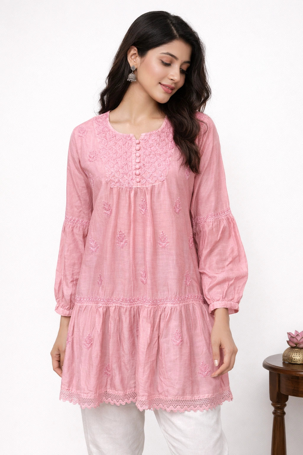 Lucknow Fashion Diary Hand Embroidered Lucknowi Chikankari Women's Mauve Muslin Short Kurti 
