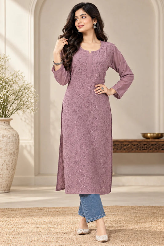Lucknow Fashion Diary Hand Embroidered Lucknowi Chikankari Women's Mauve Viscose Kurta