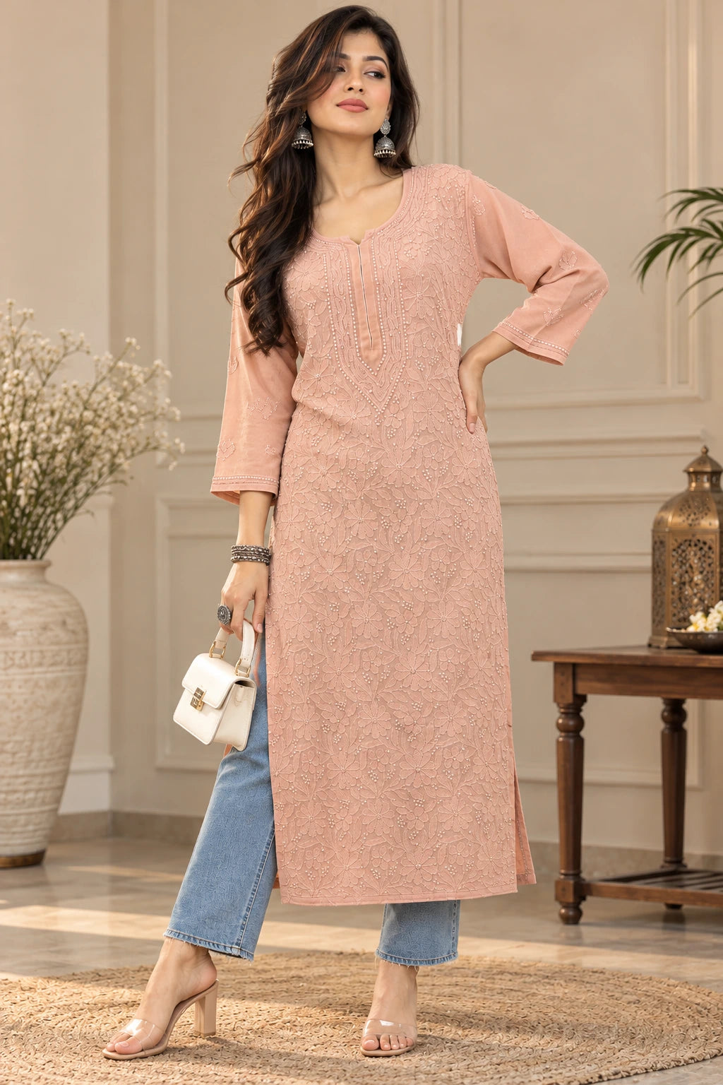 Lucknow Fashion Diary Hand Embroidered Lucknowi Chikankari Women Brown Viscose Kurta