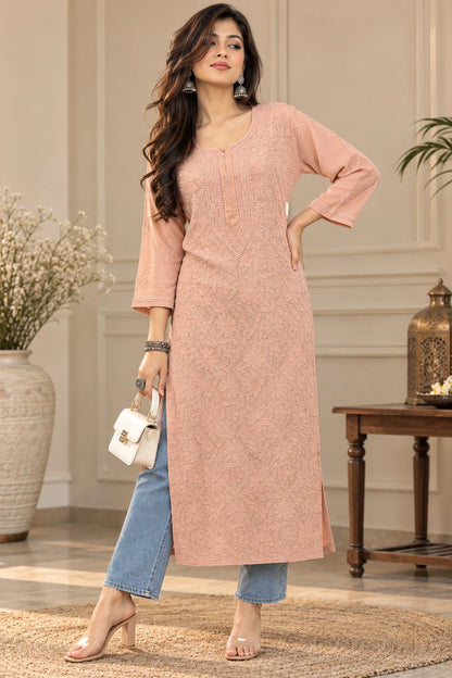 Lucknow Fashion Diary Hand Embroidered Lucknowi Chikankari Women Brown Viscose Kurta