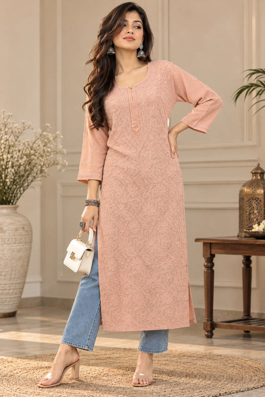 Lucknow Fashion Diary Hand Embroidered Lucknowi Chikankari Women Brown Viscose Kurta