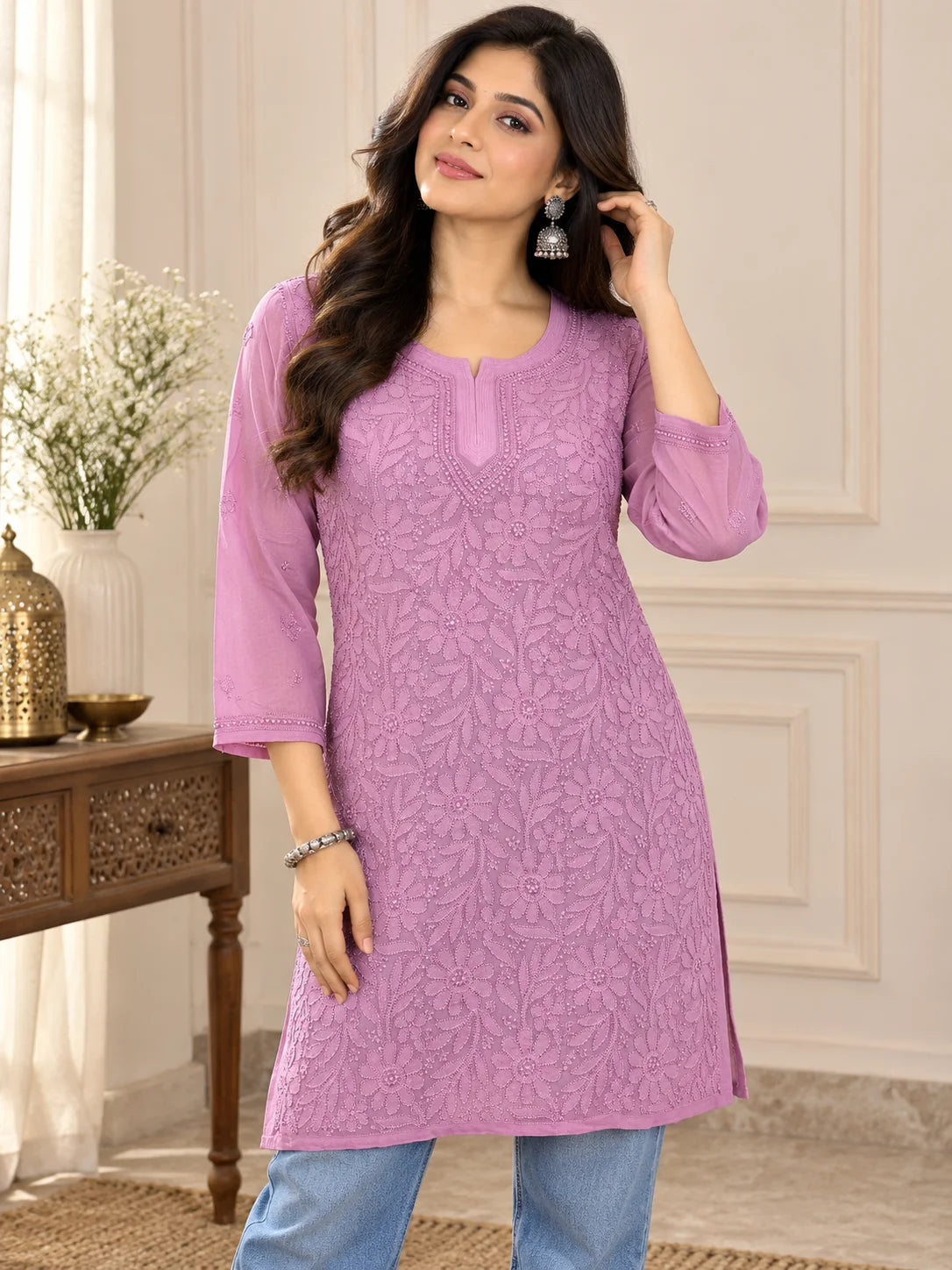 Lucknow Fashion Diary Hand Embroidered Lucknowi Chikankari Women Mauve Viscose Short Kurti 