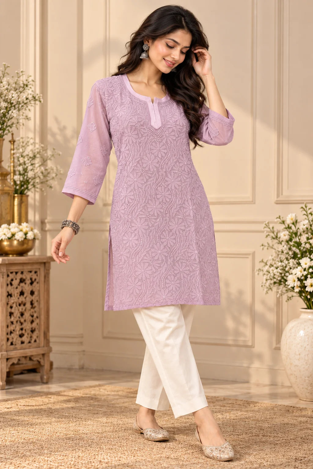 Woman wearing a lucknowi chikankari  mauve kurta with white floral patterns 