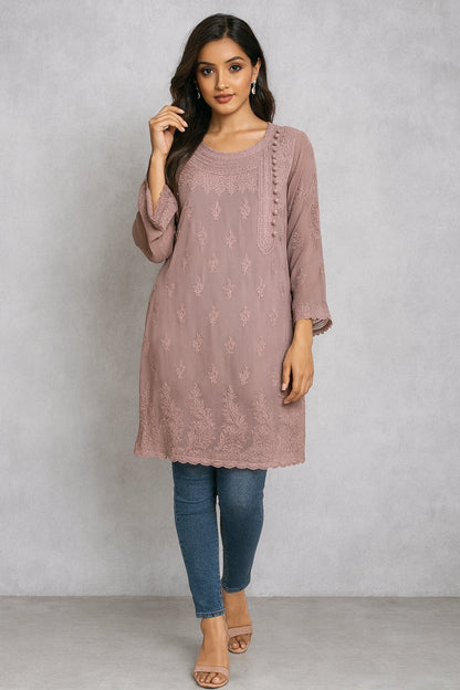 Lucknow Fashion Diary Hand Embroidered Lucknowi Chikankari Women's Mauve Viscose Short Kurti 