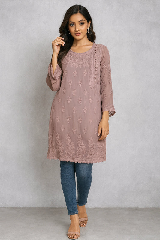 Lucknow Fashion Diary Hand Embroidered Lucknowi Chikankari Women's Mauve Viscose Short Kurti 