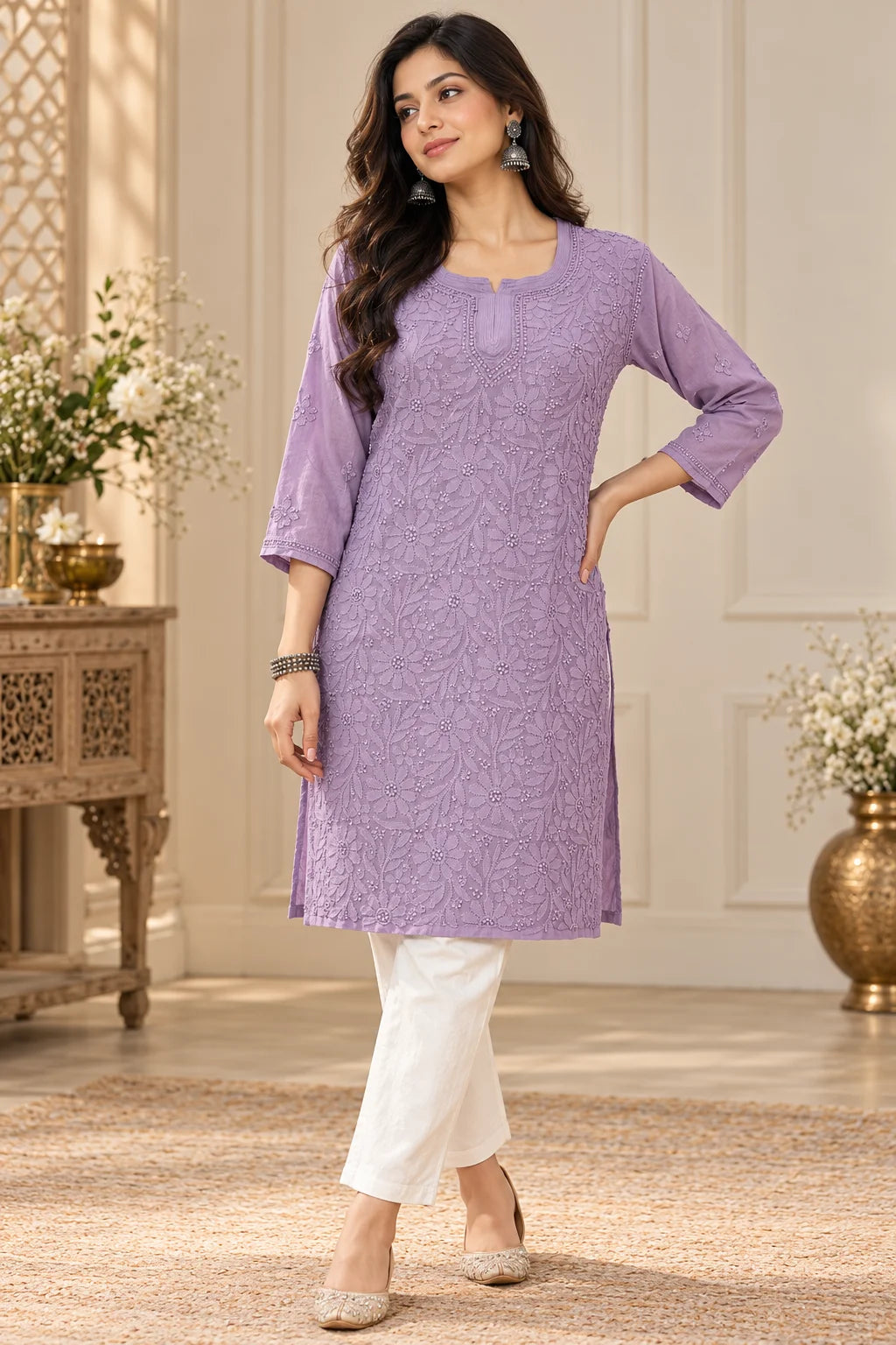 Lucknow Fashion Diary Hand Embroidered Lucknowi Chikankari Women Mauve Viscose Short Kurti 