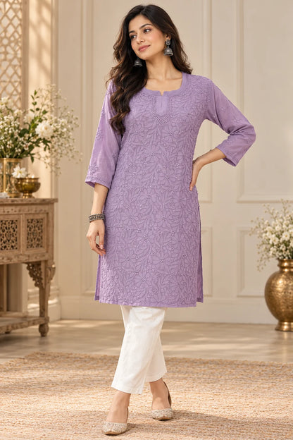 Lucknow Fashion Diary Hand Embroidered Lucknowi Chikankari Women Mauve Viscose Short Kurti 