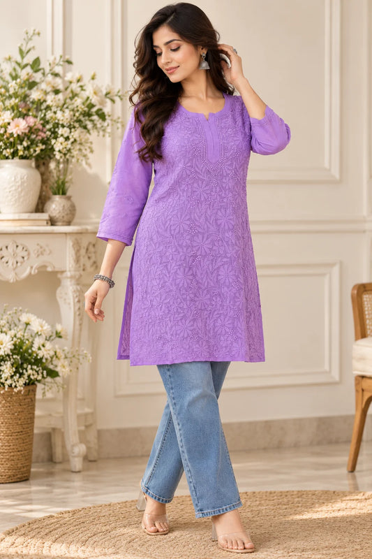 Lucknow Fashion Diary Hand Embroidered Lucknowi Chikankari Women Purple Viscose Short Kurti 