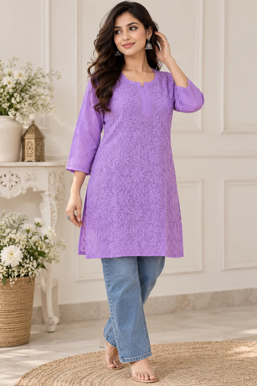 Woman wearing a lucknowi chikankari  purple kurta with white floral patterns 