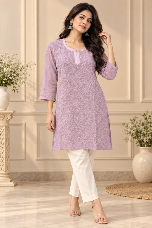 Lucknow Fashion Diary Hand Embroidered Lucknowi Chikankari Women Mauve Viscose Short Kurti 