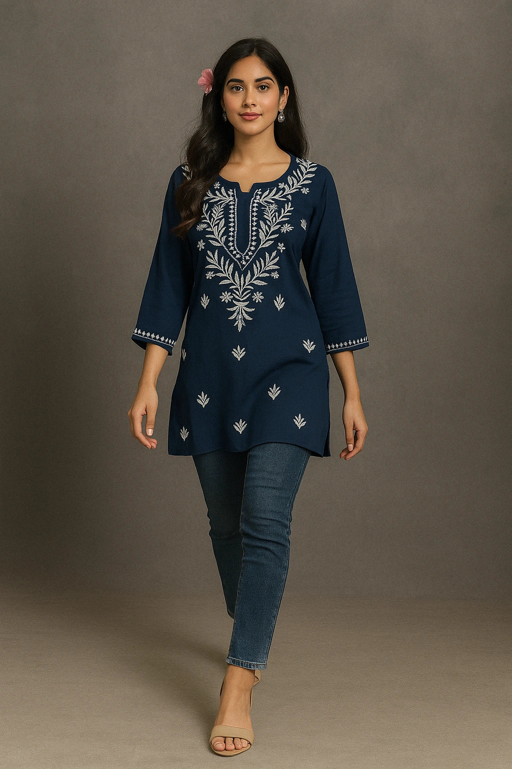 Lucknow Fashion Diary Hand Embroidered Lucknowi Chikankari Women's Navy Blue Rayon Short Kurti 