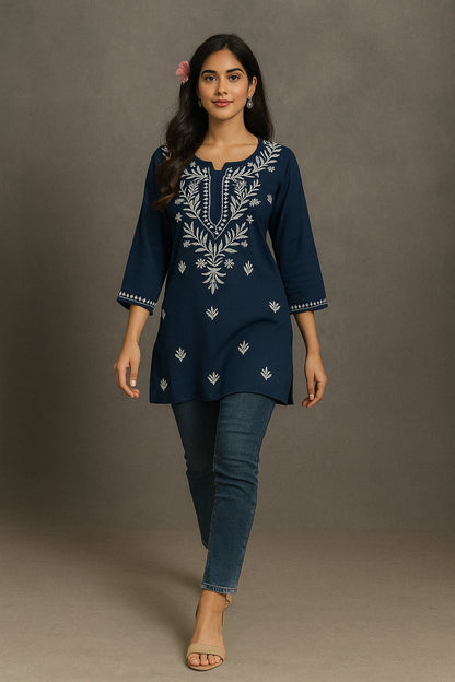 Lucknow Fashion Diary Hand Embroidered Lucknowi Chikankari Women's Navy Blue Rayon Short Kurti 