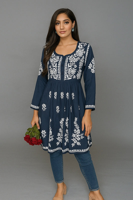Lucknow Fashion Diary Hand Embroidered Lucknowi Chikankari Women's Navy Blue Modal Short Kurti 