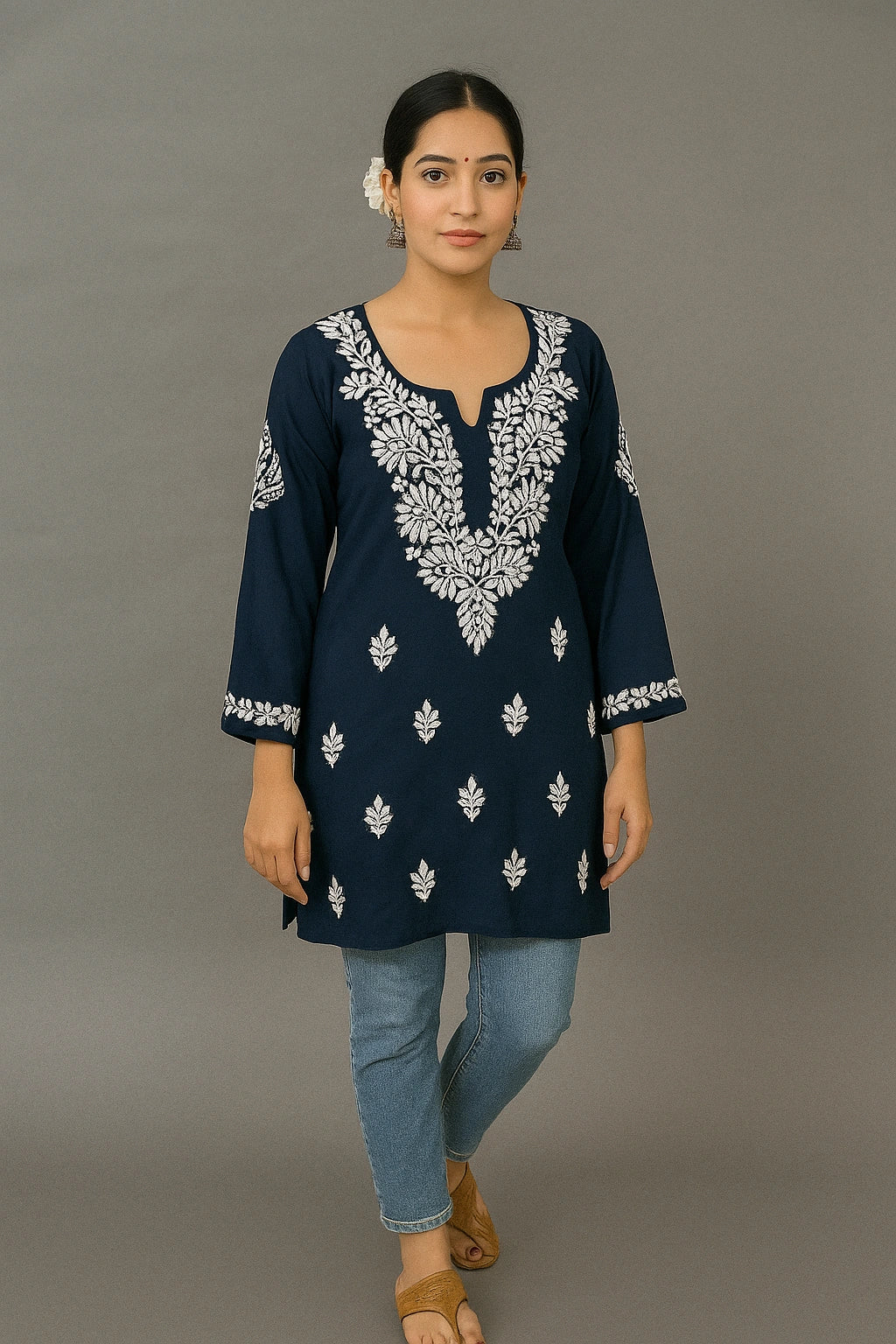 Lucknow Fashion Diary Hand Embroidered Lucknowi Chikankari Women's Navy Blue Modal Short Kurti 