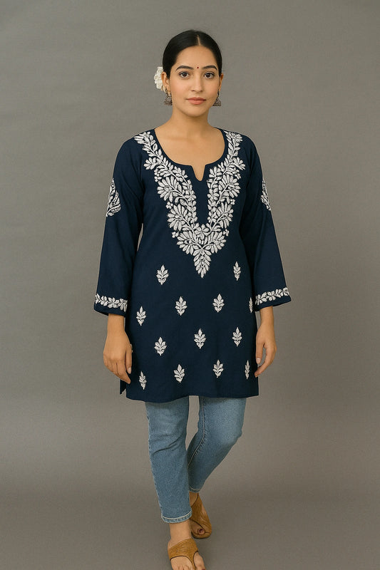 Lucknow Fashion Diary Hand Embroidered Lucknowi Chikankari Women's Navy Blue Modal Short Kurti 