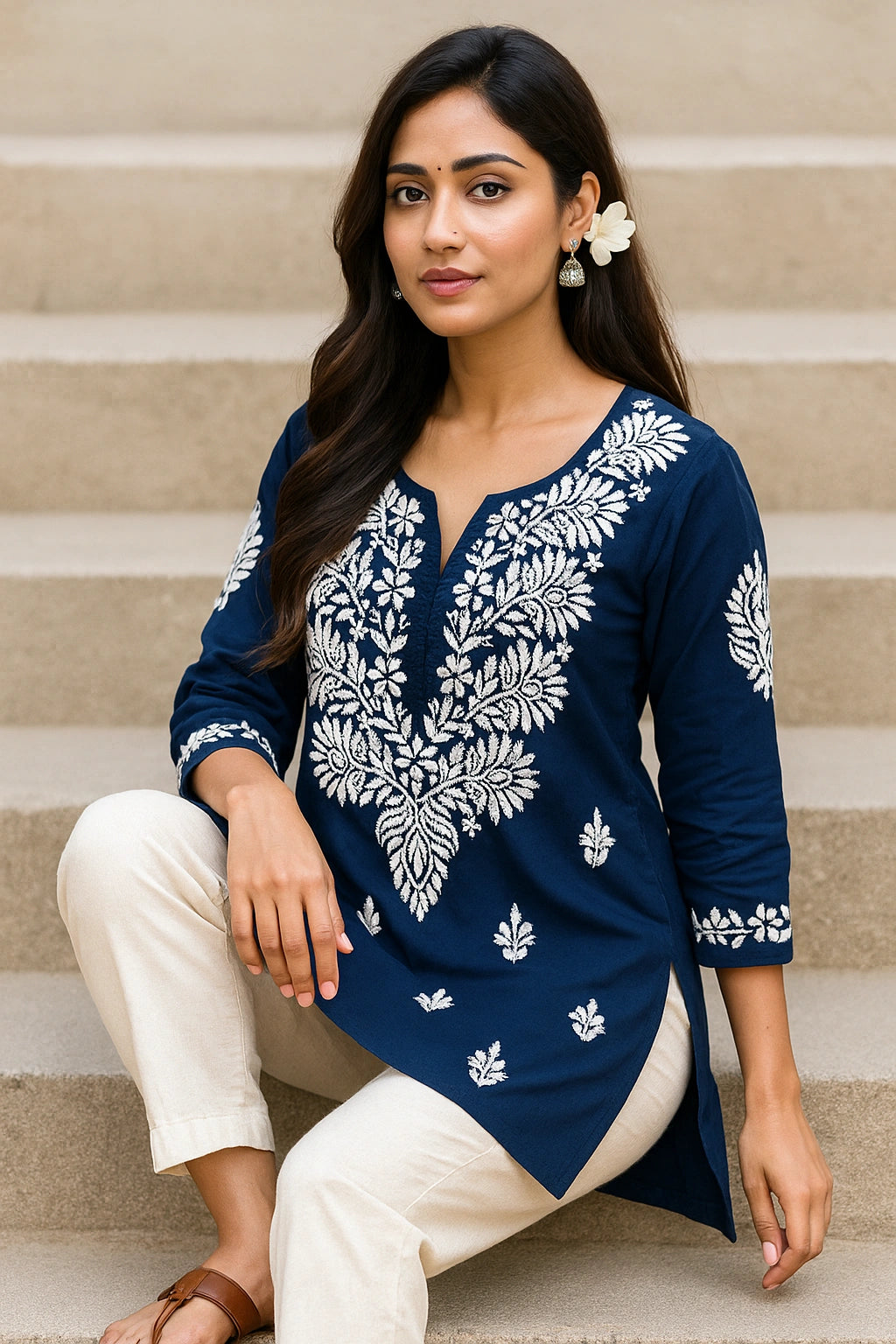 Woman sitting on a chair wearing a blue embroidered top and blue jeans against a gray background