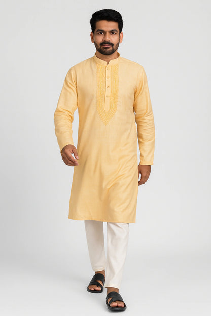Lucknow Fashion Diary Hand Embroidered Lucknowi Chikankari Men's Orange Cotton Kurta