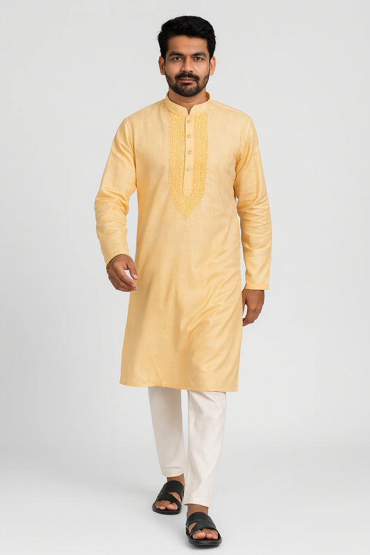 Lucknow Fashion Diary Hand Embroidered Lucknowi Chikankari Men's Orange Cotton Kurta