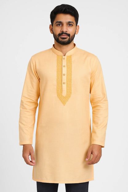 Man wearing a peach kurta with embroidery on a white background