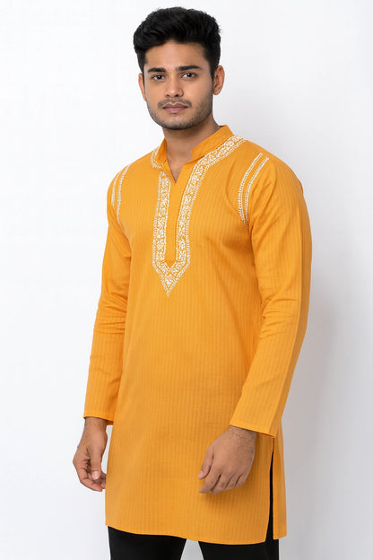 Lucknow Fashion Diary Hand Embroidered Lucknowi Chikankari Men's Orange Cotton Kurta