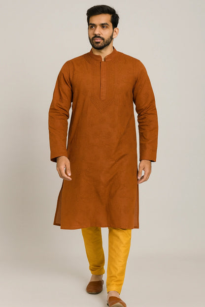 Lucknow Fashion Diary Hand Embroidered Lucknowi Chikankari Men's Orange Cotton Kurta