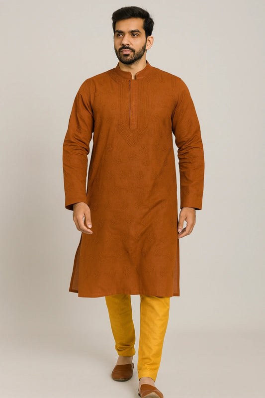 Lucknow Fashion Diary Hand Embroidered Lucknowi Chikankari Men's Orange Cotton Kurta