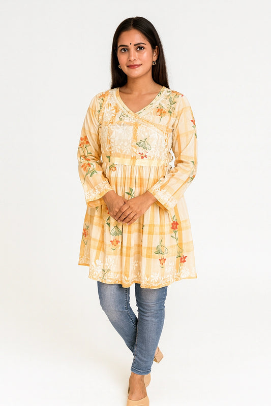 Lucknow Fashion Diary Hand Embroidered Lucknowi Chikankari Women's Orange Cotton Short Kurti 