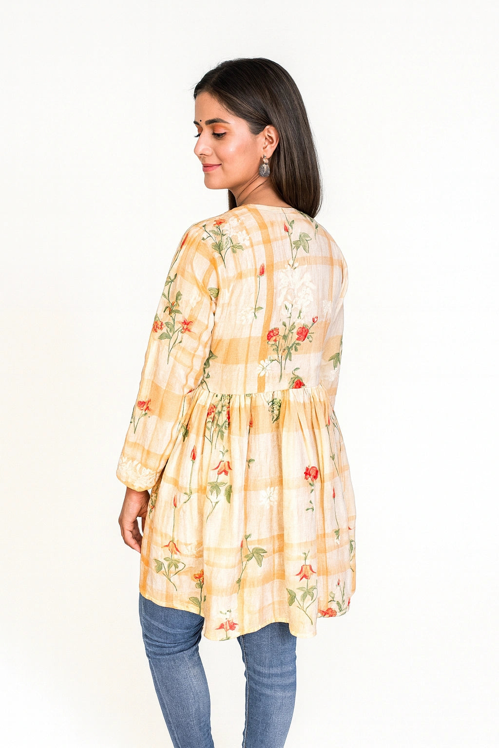 lucknowi chikankari Woman wearing a floral dress with a white background
