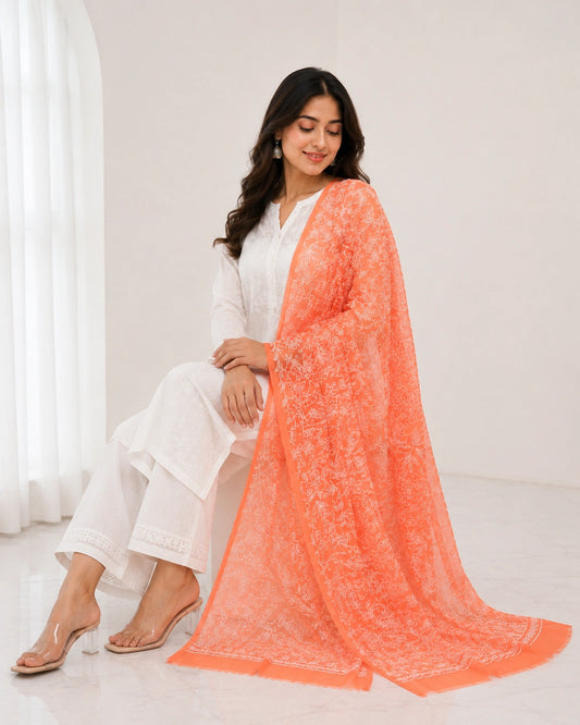 Lucknow Fashion Diary Hand Embroidered Lucknowi Chikankari Women's Orange Georgette Dupatta