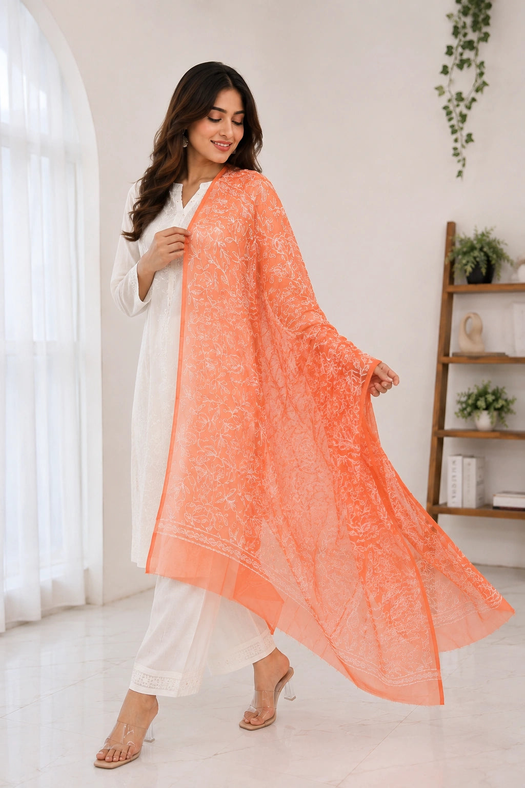 A woman modeling a white traditional outfit with a flowing peach-orange embroidered dupatta in a bright, modern room with white curtains and a wooden shelf.