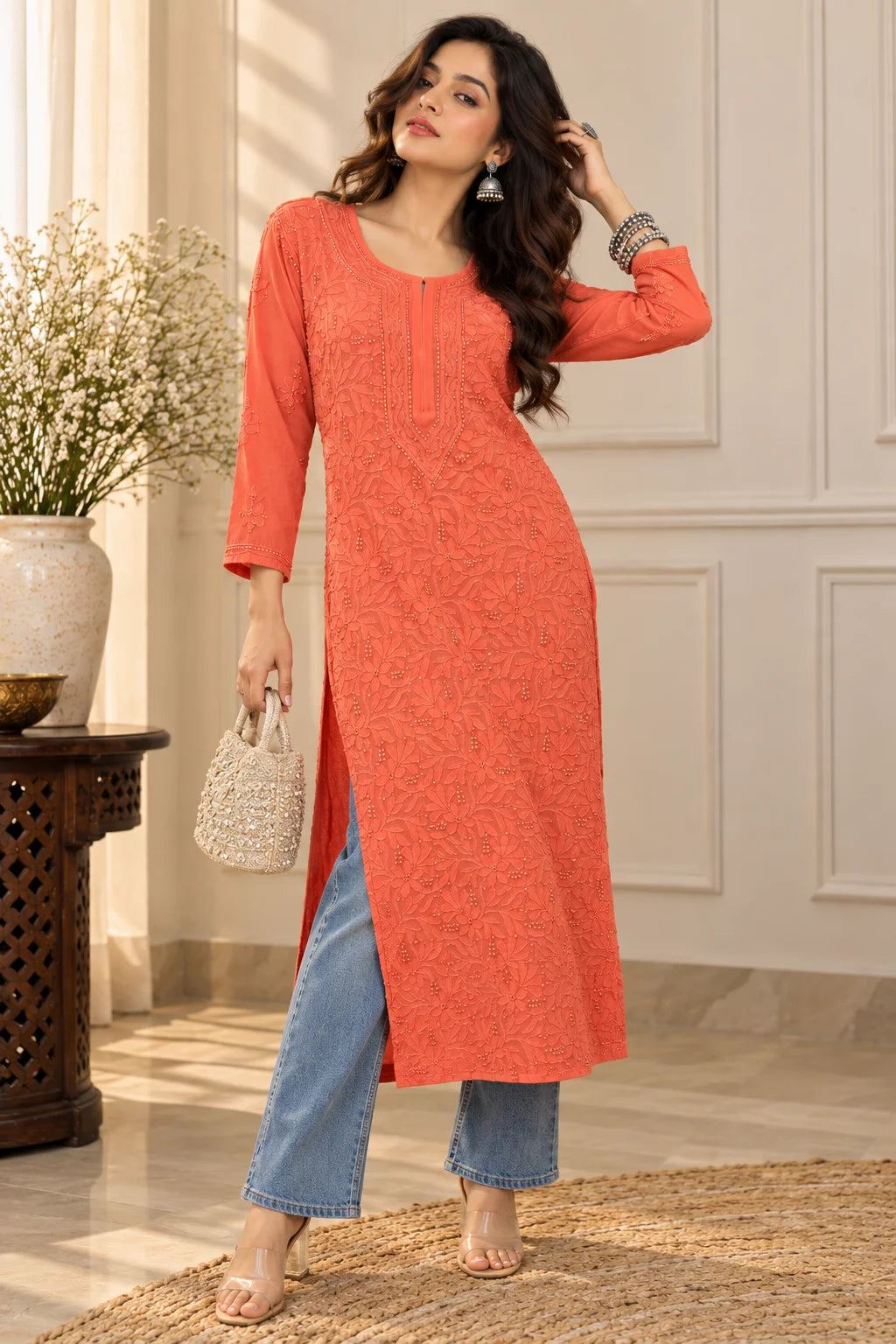 Lucknow Fashion Diary Hand Embroidered Lucknowi Chikankari Women's orange Viscose Kurta