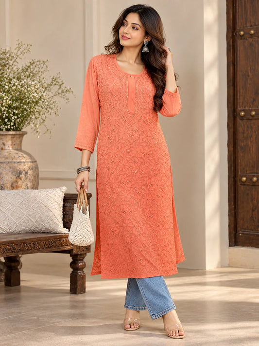 Lucknowi Chikankari Women's Shaded Dye Orange 'Narangi' Viscose Kurta
