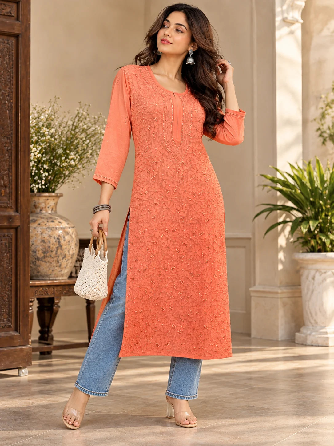 Woman wearing a lucknowi chikankari orange-colored kurta with white floral patterns 