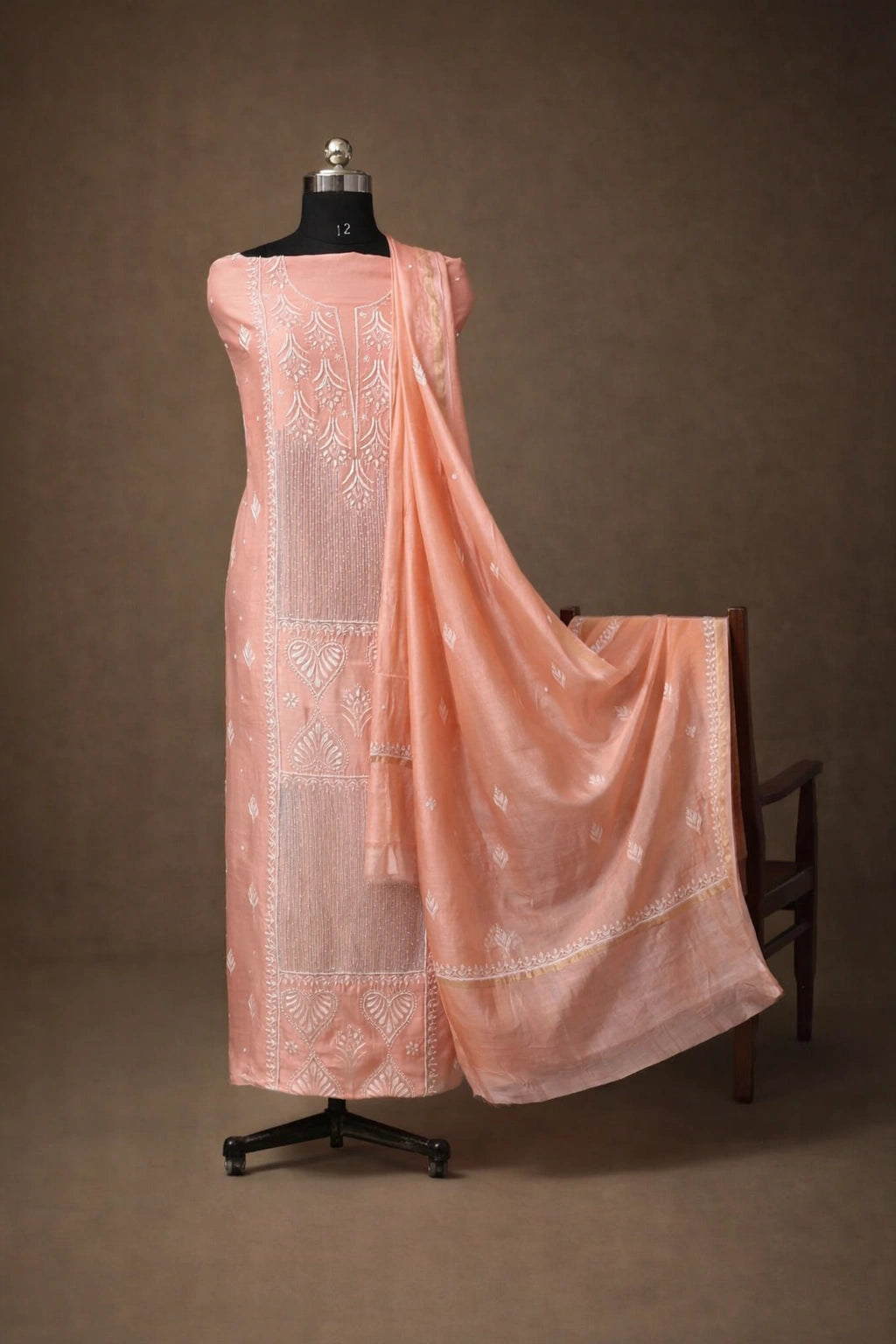 Lucknow Fashion Diary Hand Embroidered Lucknowi Chikankari Women's Unstitched Peach Chanderi Kurta Dupatta Fabric 