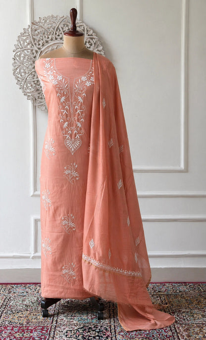 Lucknow Fashion Diary Hand Embroidered Lucknowi Chikankari Women's Unstitched Peach Chanderi Kurta Dupatta Fabric 