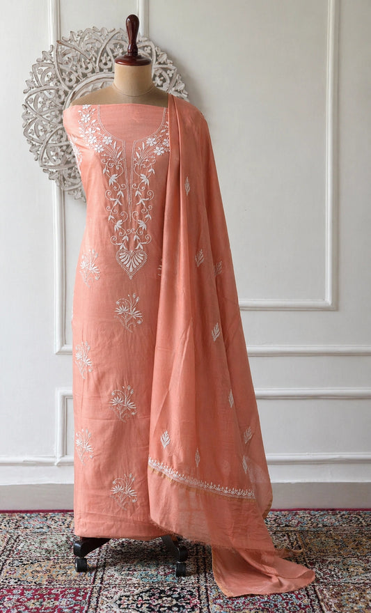 Lucknow Fashion Diary Hand Embroidered Lucknowi Chikankari Women's Unstitched Peach Chanderi Kurta Dupatta Fabric 