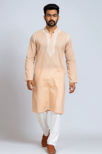 Lucknow Fashion Diary Hand Embroidered Lucknowi Chikankari Men's Peach Cotton Kurta