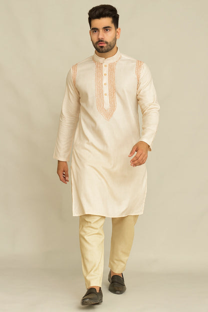 Lucknow Fashion Diary Hand Embroidered Lucknowi Chikankari Men's Peach Cotton Kurta