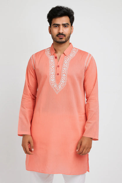 Lucknow Fashion Diary Hand Embroidered Lucknowi Chikankari Men's Peach Cotton Kurta
