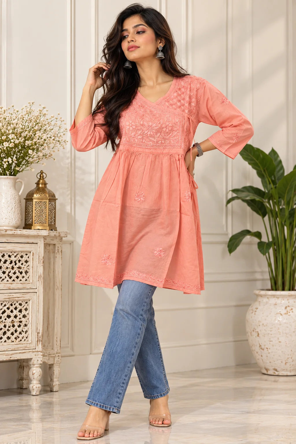 lucknowi chikankari Woman wearing a Peach floral dress 