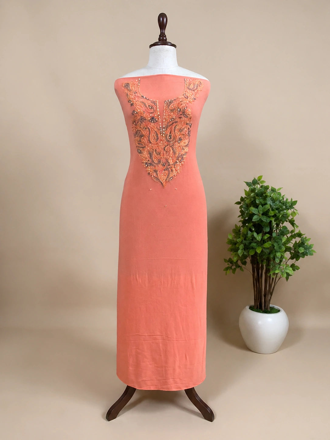 Lucknow Fashion Diary Hand Embroidered Lucknowi Chikankari Women's Unstitched Peach Viscose Kurta Fabric 