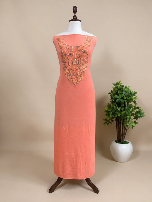 Lucknow Fashion Diary Hand Embroidered Lucknowi Chikankari Women's Unstitched Peach Viscose Kurta Fabric 